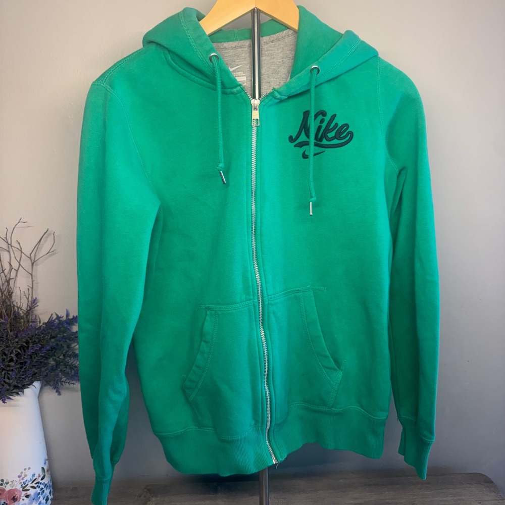 Nike Womens Green Full Zip Hoodie Script Logo Sweatshirt Medium